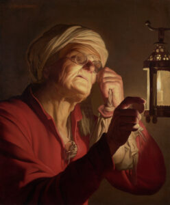 HONTHORST, Gerrit van – Old woman examining a coin by a lantern (Sight or Avarice)