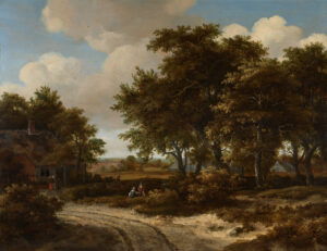 HOBBEMA, Meindert – A wooded landscape with a roadside cottage