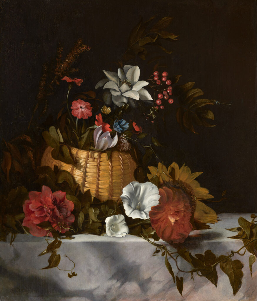 Dirk de Bray - Still Life of a Basket of Flowers on a Marble Ledge