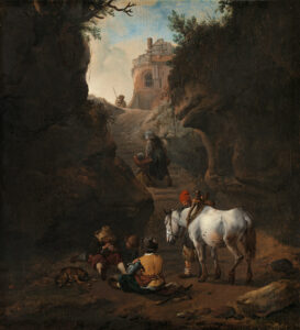 WOUWERMAN, Philips – Peasants playing cards by a white horse in a rocky gully