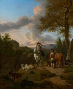 VELDE, Adriaen van de – Italianate Landscape with a Couple on a White Horse Asking Directions from a Herdsman